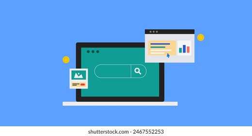 Search marketing concept, Analytics report of search engine advertising campaign, Search ad network - vector illustration with icons