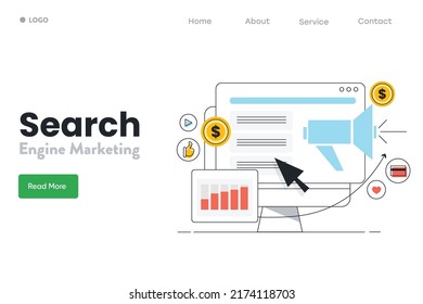 Search Marketing - Digital Advertising - Pay Per Click Concept - Marketing Analytics - Outline Vector Illustration With Icons And Texts