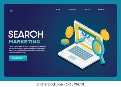 Search marketing, Paid marketing, Pay per click - conceptual isometric 3D landing page template