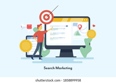 Search marketing, SEO advertising, Website marketing, Pay per click - conceptual vector illustration with icons and character
