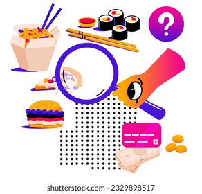 Search meal online. Doodles. Ordering food, paying for purchase with credit card on the website. Sushi rolls with chopsticks and soy sauce. Noodles wok, burger and pizza. Abstract geometric elements.