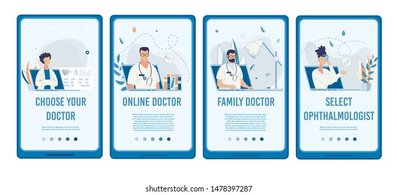 Search Medical Specialist Online Mobile Service Social Media Set. Select Doctor for Treatment, Maintaining Health and Scheduled Checkup. Cartoon Design in Floral Style. Vector Flat Illustration