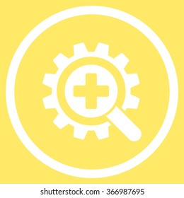 Search Medical Technology vector icon. Style is flat circled symbol, white color, rounded angles, yellow background.