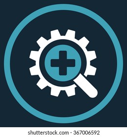 Search Medical Technology vector icon. Style is bicolor flat circled symbol, blue and white colors, rounded angles, dark blue background.