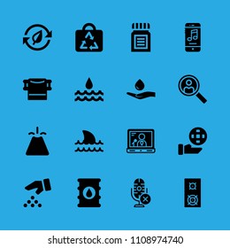 search, medicine, bag, speaker, smartphone, responsible use of water, ecology, volcano and recycling vector icon. Simple icons set
