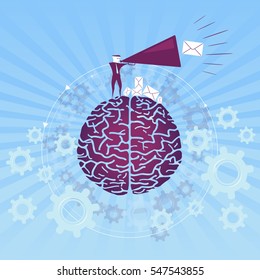 Search the Mind / Data transfer. Vector illustration with Brain and Blue Background.
