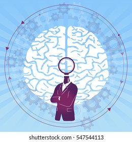 Search the Mind / Research the Brain. Vector illustration with Brain and Blue Background.