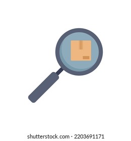 Buscar icono de paquete faltado. Ilustración plana del icono del vector de parcela perdida de búsqueda aislado en fondo blanco