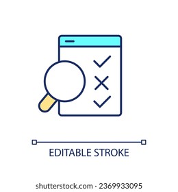 Search mistake RGB color icon. Find problem. Identify flaws. Checkup and audit. Checklist with undone task. Isolated vector illustration. Simple filled line drawing. Editable stroke. Arial font used