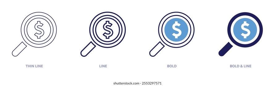 Search money icon in 4 different styles. Thin Line, Line, Bold, and Bold Line. Duotone style. Editable stroke.