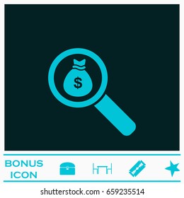 Search money icon flat. Blue pictogram on dark background. Vector illustration symbol and bonus icons
