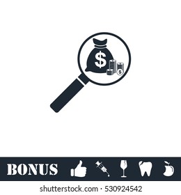 Search money icon flat. Vector illustration symbol and bonus pictogram
