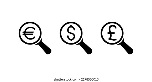 Search Money Icons. Set of currency pound, euro, dollar icons. Simple design. Line vector. Isolate on white background.