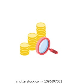 Dinero de Búsqueda. Vector Icono de color isométrico 3D nuevo estilo plano. Ilustración creativa, idea para infografías.