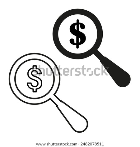 Search money vector. Black and white. Magnifying glass with dollar symbol. Simple finance icons.