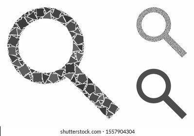 Search mosaic of irregular pieces in different sizes and color tones, based on search icon. Vector irregular items are united into mosaic. Search icons collage with dotted pattern.