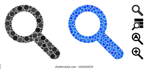 Search mosaic of round dots in different sizes and color tints, based on search icon. Vector round dots are united into blue mosaic. Dotted search icon in usual and blue versions.