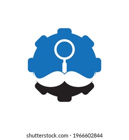 Search mustache gear shape concept logo design template. Moustache and loupe for a detective spy logo design.	
