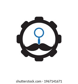 Search mustache gear shape concept logo design template. Moustache and loupe for a detective spy logo design.	
