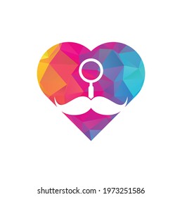 Search mustache heart shape concept logo design template. Moustache and loupe for a detective spy logo design.	