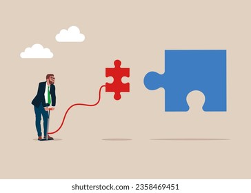 Search mutual language or collaboration. Business negotiation and agreement. Businessman pumps up a balloon of a red puzzle floats higher. Flat vector illustration