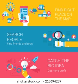 Search navigation concept flat icons set of find place on the map people catch idea start up and vector web illustration website click infographics elements collection
