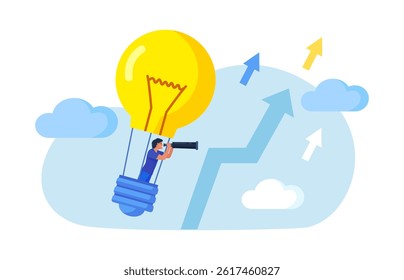 Search for new business idea, opportunity, inspiration. Businessman flying in hot air balloon as light bulb. Person using spyglass, telescope looking for vision, future. Innovation successful project