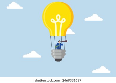Search for new business opportunity, businessman rides light bulb balloon with telescope and looks for a vision.