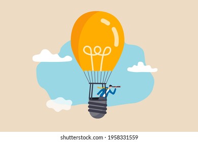 Search for new business opportunity, idea or inspiration, business visionary, challenge or achievement concept, businessman riding light bulb balloon using spyglass or telescope searching for vision.