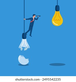 Search for a new idea. Broken bulb as a symbol of a failed idea. Vector illustration flat design. Isolated on white background. Search for new solutions.