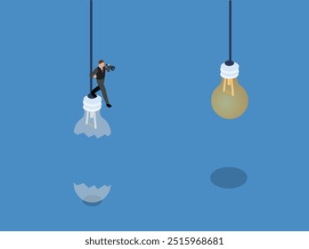 Search for a new idea. Broken bulb as a symbol of a failed idea 3d isometric vector illustration