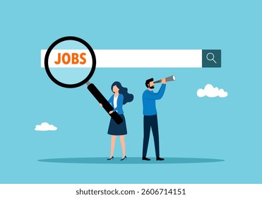 Search new job, finding candidate or discover talent, hiring and recruitment, SEO search engine optimization, find career opportunity concept. Business people HR put magnifying glass on search bar.