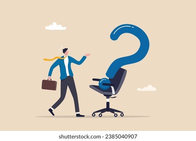 Search for new job position, career path or employment vacancy, change job decision or work opportunity, recruitment or hiring concept, businessman candidate thinking with office chair question mark.