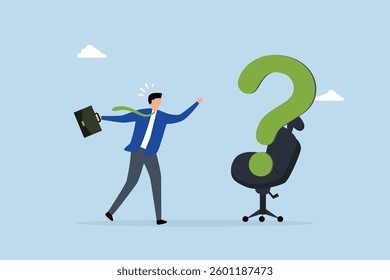 Search for new job position, entrepreneurial applicant pondering with desk seat question mark. 
