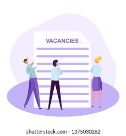 search for a new job, view available positions, proposals from employers, the process of hiring new employees, vector image, flat design, modern colorful illustration with characters.