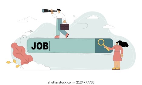 Search for a new job. The word work in the search bar. Finds a career opportunity. Looking for a job. People study the job market. Job change. Vector flat illustration.