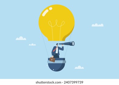 Search new opportunities, Innovations or new ideas that help businesses reach their goals, Broad business forecast or vision, Businessman riding lightbulb balloon using binoculars.