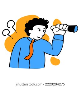 Search for new opportunities. Vector illustration with young ambitious smart manager looking through binoculars. Business, finance, minimalism, team, management and target. Hiring employees, staff