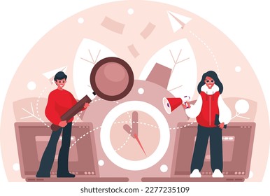 Buscar programadores nuevos. Marketing por Internet. El programador sostiene una enorme lupa en sus manos. Los desarrolladores están buscando nuevas soluciones. Concepto de búsqueda. Gráficos vectoriales