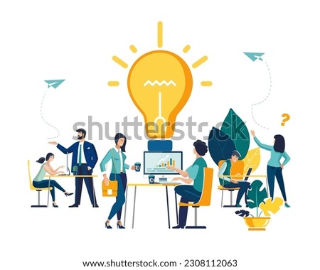 Search for new solution ideas, joint work in the company, brainstorming. Infographics.Online assistant at work, promotion in the network, manager for remote work.Vector illustration of flat characters