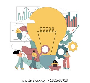 Search for new solutions, brainstorming. Flat people look at the lamp for ideas. Vector illustration isolated on white background.