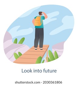 Search for new solutions concept. Man stands on bridge and looks ahead. Look into future and choice of development strategy. Cartoon modern flat vector illustration isolated on white background