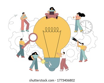 Search for new solutions. Flat people look at a lamp, an idea. Develop, seek an idea. Vector illustration in a flat style on a white background.