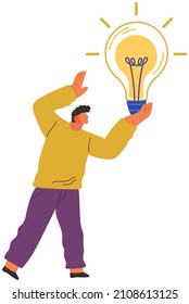 Search for new solutions, strategy planning concept. Man with creative idea of project. Guy holds light bulb as symbol of new project, startup. Businessman generates idea, business development plan