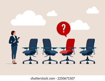 Search for new talent and best candidate. Open vacancy and empty company chair as hiring symbol. Modern flat vector illustration.