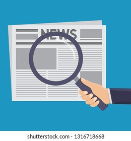Search for news, business hand holding a magnifying glass, newspaper, flat design vector illustration