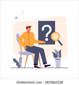 Search not found, man sitting in a chair next to a board with a question mark, magnifying glass and potted plant vector illustration for website