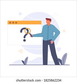 Search not found, man standing in front of a monitor with a question mark holding a magnifying glass, male person viewing an empty search screen vector illustration for website