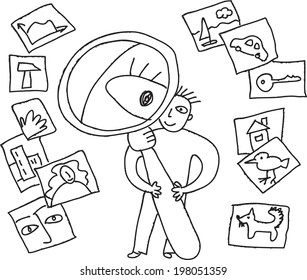 Search objects pictures Unrecognizable man searching somethings. Black and white isolated vector doodles illustration.