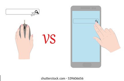 Search on the computer mouse, against a search on your mobile device by hand. vector illustration.